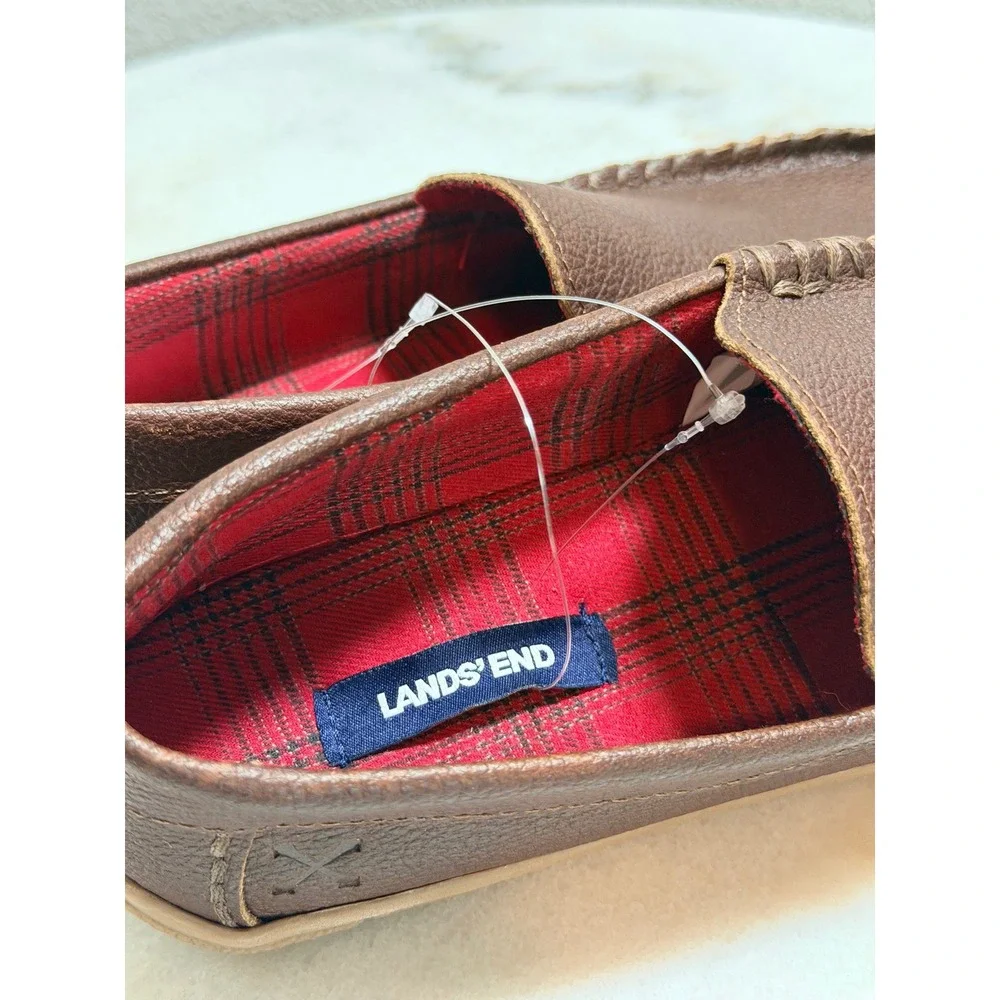 Lands End‎ Mens Venetian Moccasin Slippers Brown Plaid Lined Loafers Size 8